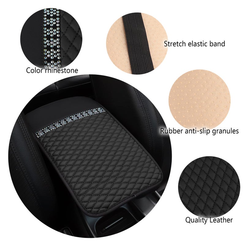 NHHC Bling Leather Car Armrest Box Cover Car Center Console Protector with Colorful Crystal Rhinestones Anti-Scratch Waterproof Car Armrest Seat Pad for Most Car SUVs Trucks (Black) - Image 5